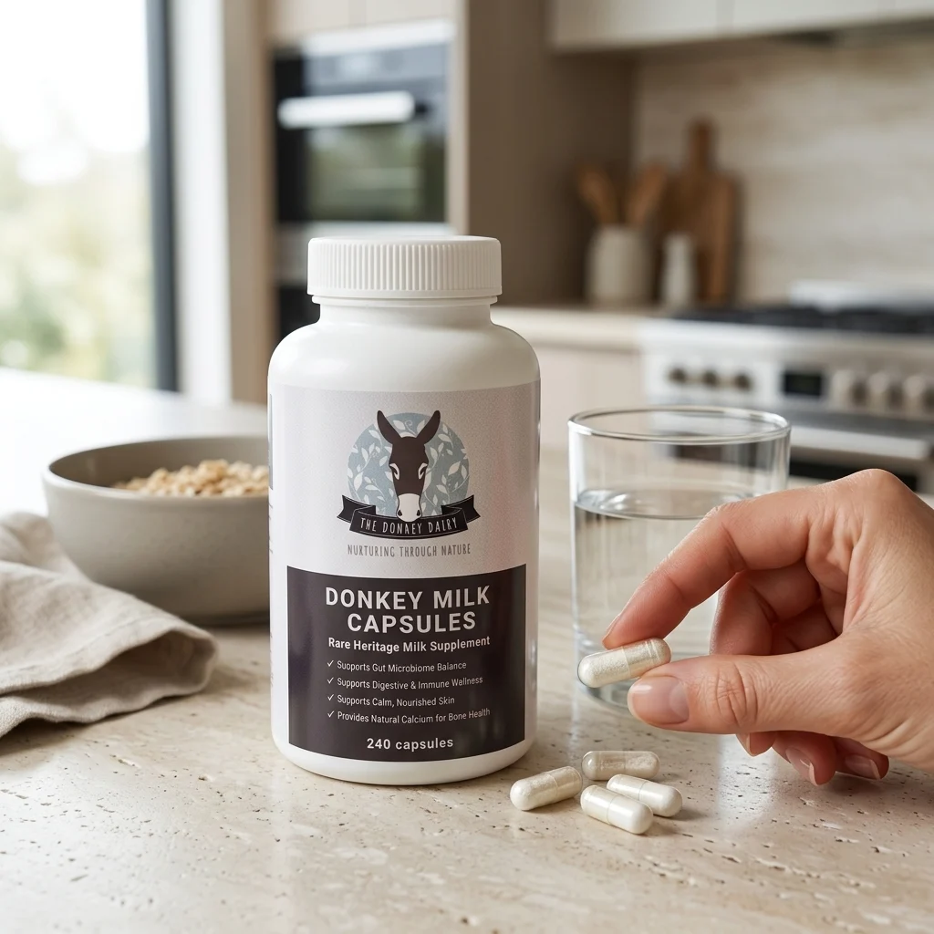 Front-facing packshot of Donkey Milk Capsules bottle